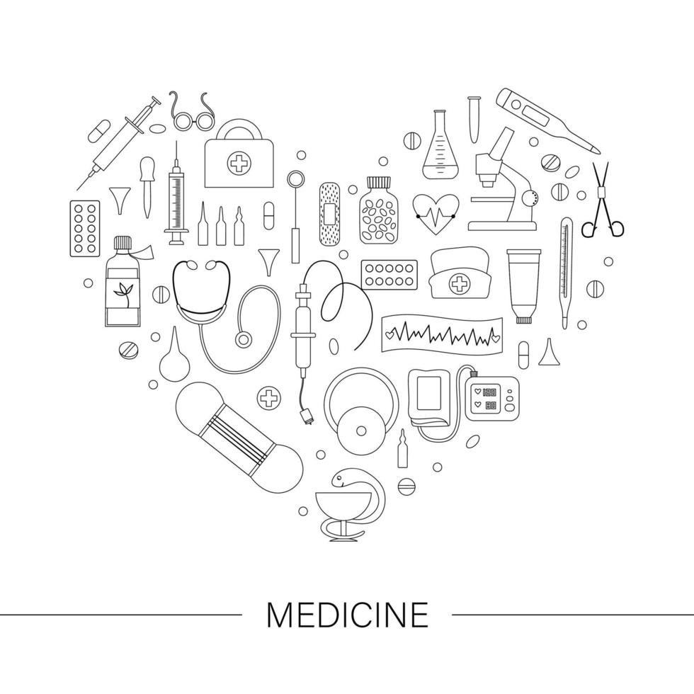 marco vectorial con contornos de herramientas y equipos médicos. diseño de banner de elementos de línea de medicina enmarcado en forma de corazón. linda y divertida plantilla de tarjeta de atención médica, cheque o investigación. vector