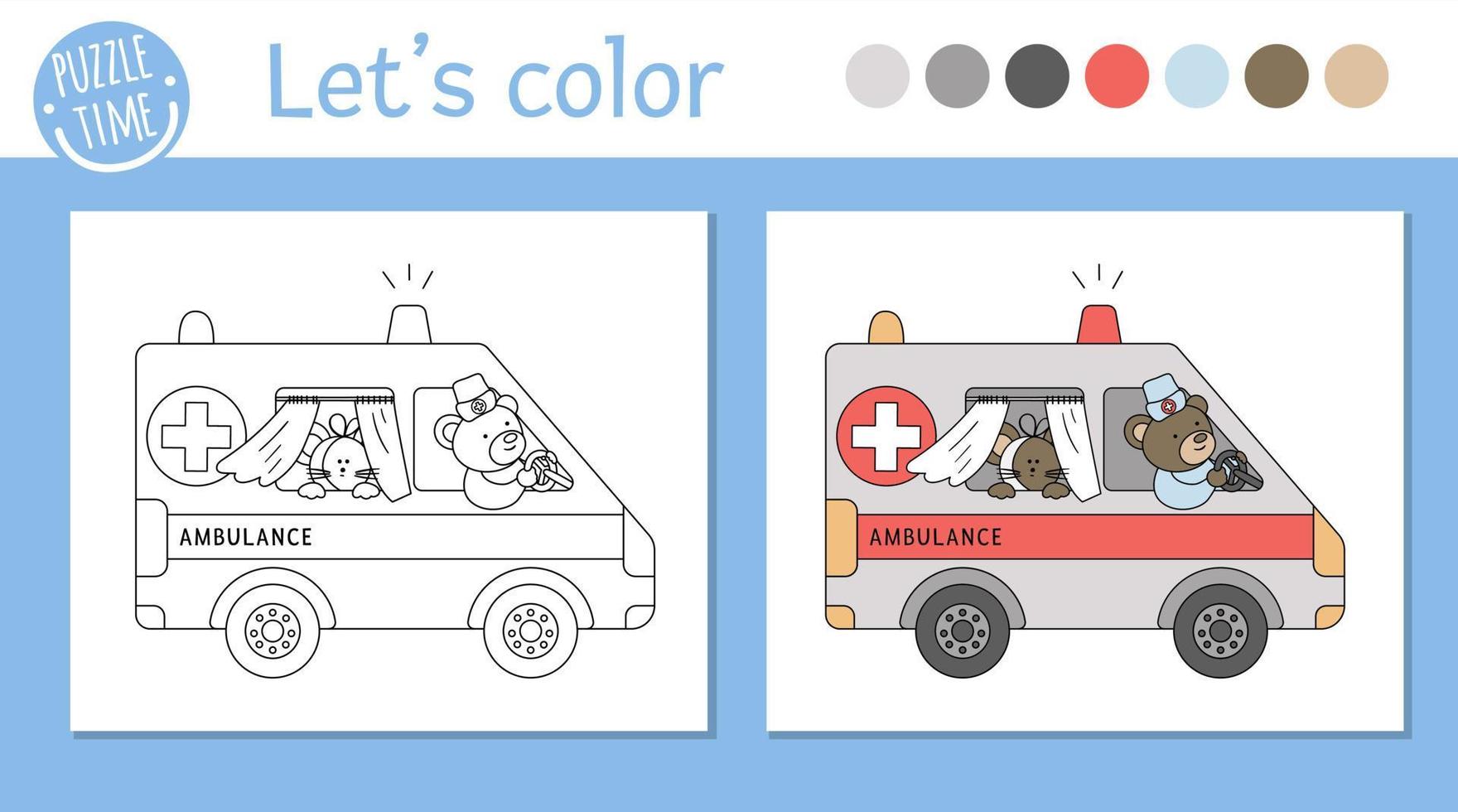 Medical coloring page for children. Vector outline ambulance with cute animals inside. Bear doctor driving emergency car with ill mouse. Funny special medical transport color book for kids.