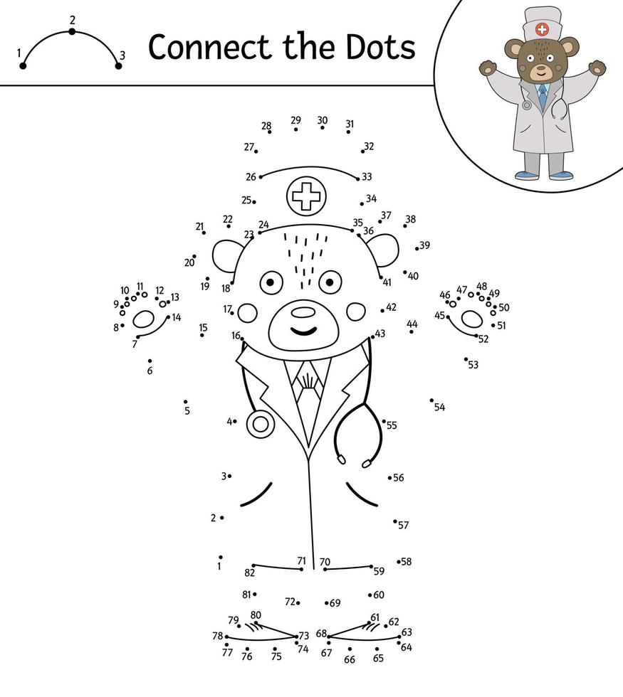 Vector dot-to-dot activity with cute animal doctor with his hands up. Connect the dots game. Bear medic line drawing. Funny medical coloring page for kids.