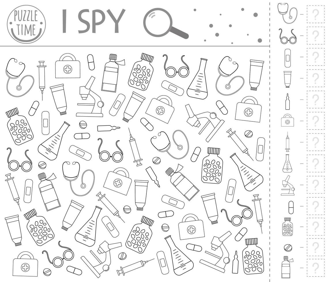 Medical outline I spy game for kids. Healthcare themed searching and coloring activity for preschool children with cute elements. Funny health check game for kids. Logical quiz worksheet. vector