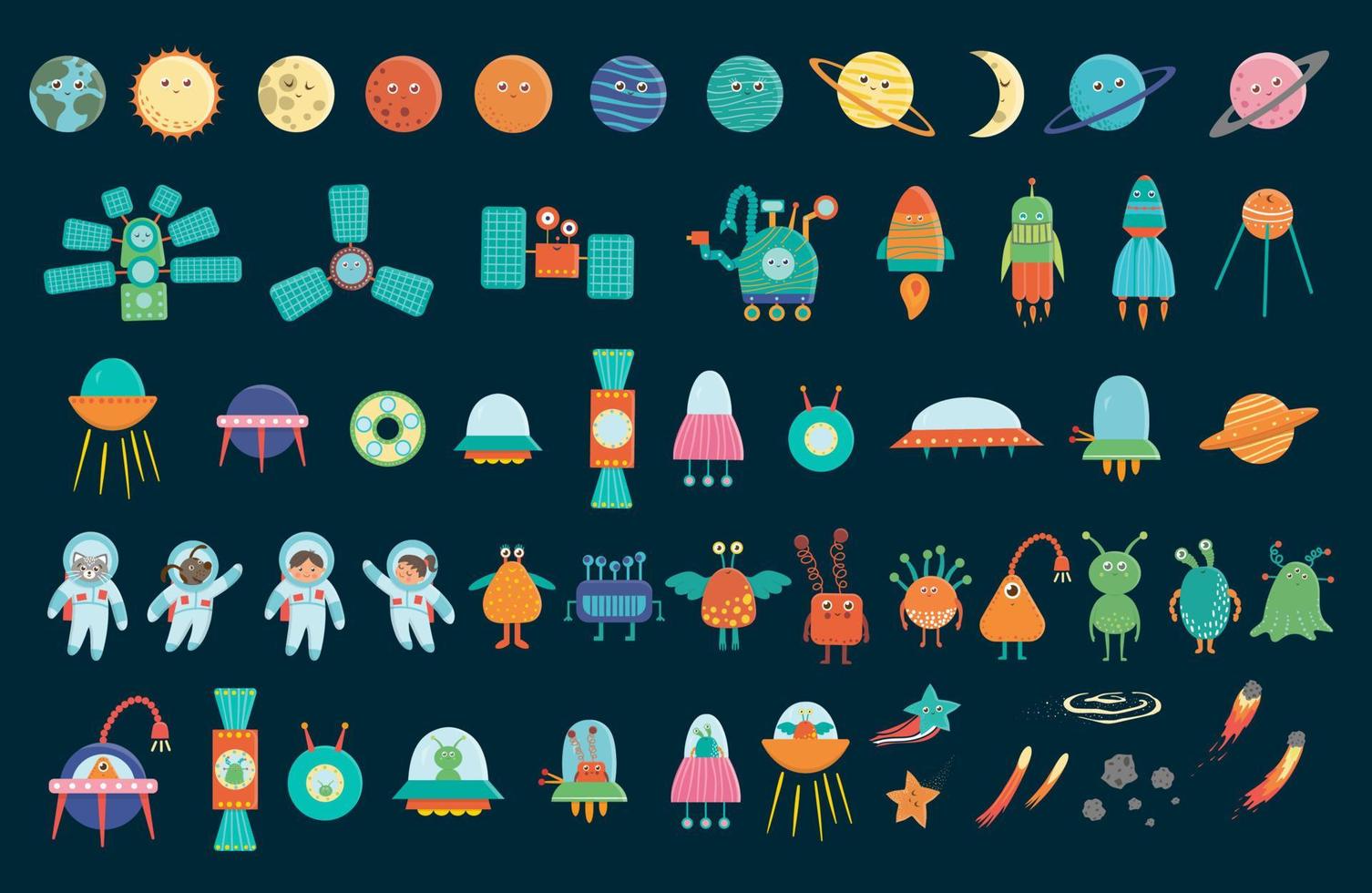 gran conjunto vectorial de elementos espaciales para niños. colección de naves espaciales de estilo plano, satélites, naves espaciales, planetas, astronautas, estrellas, ovnis, alienígenas, cometas aislados en fondo blanco. vector