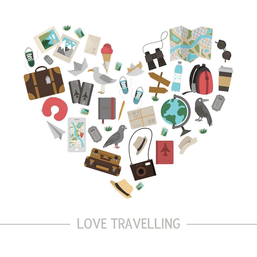 Vector frame with travelling objects. Journey elements banner design framed in heart shape. Cute funny card template with travel or vacation elements.