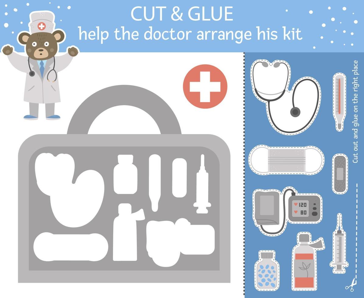 Vector medical cut and glue for children. Medicine educational activity with cute doctor bear and first aid kit with equipment. Help the doc arrange his bag.