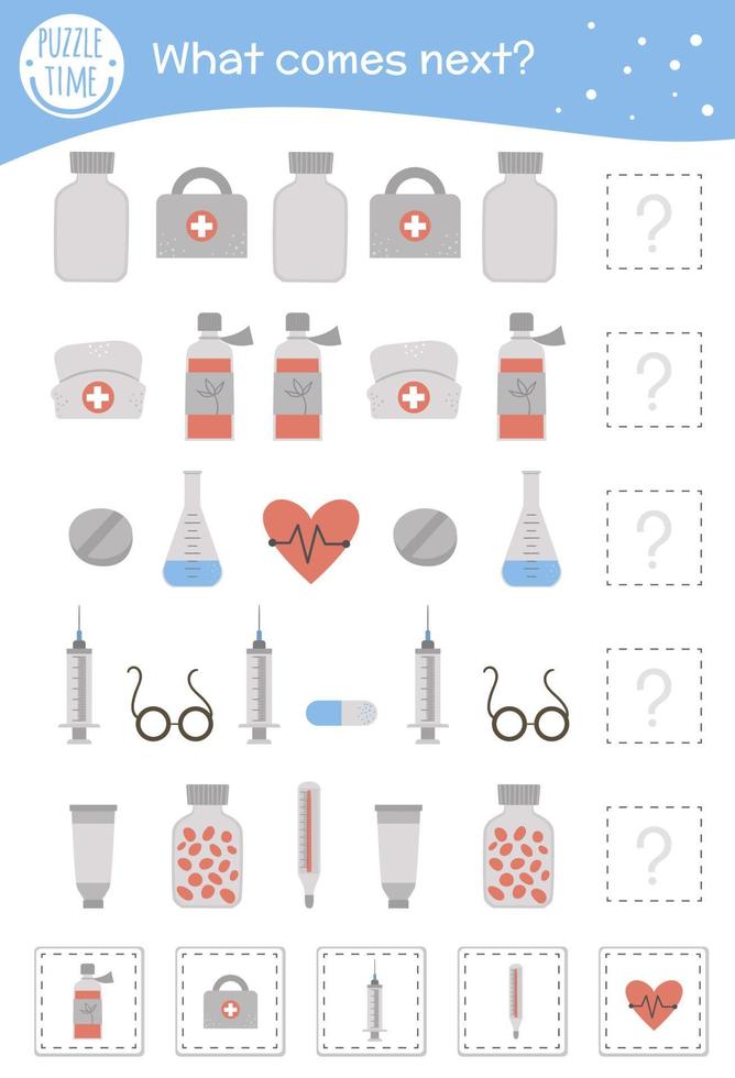 What comes next. Medical matching activity for preschool children with medicine symbols. Funny health care game for kids. Logical quiz worksheet. Continue the row. vector