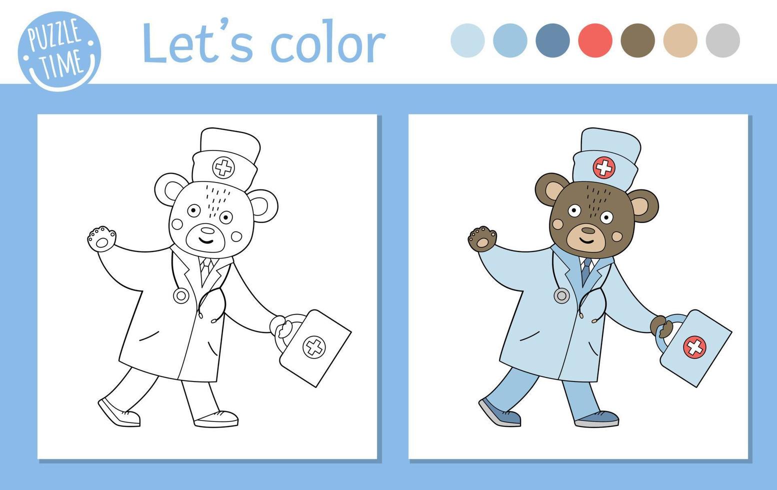 Medicine coloring page for children. Vector bear doctor going with first aid kit and waving his hand. Cute funny animal character outline. Healthcare color book isolated on white background