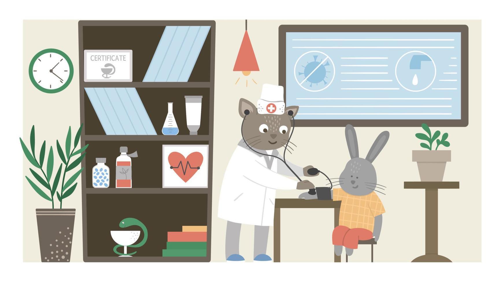 Vector hospital ward. Funny animal doctor taking blood pressure in clinic office. Medical interior flat illustration for kids. Health care concept