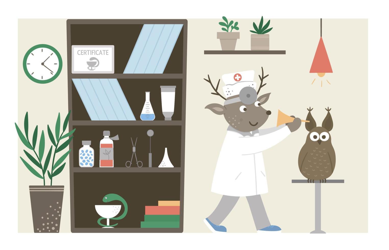 Vector hospital ward. Funny animal doctor checking patients ears in clinic office. Medical interior flat illustration for kids. Health care concept