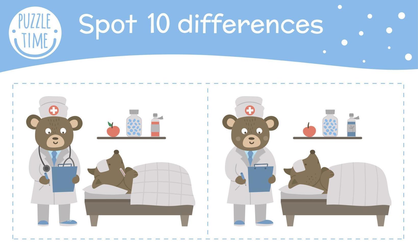 Medical find differences game for children. Medicine preschool activity with doctor making notes near patients bed. Puzzle with cute funny smiling characters. vector