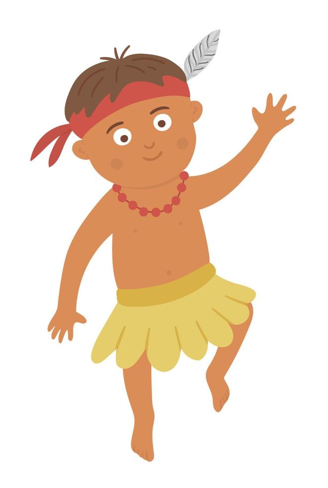 niño africano o papuano plano vectorial. lindo personaje tropical, selvático, exótico de verano. divertido niño de piel negra con cuentas, plumas y taparrabos vector