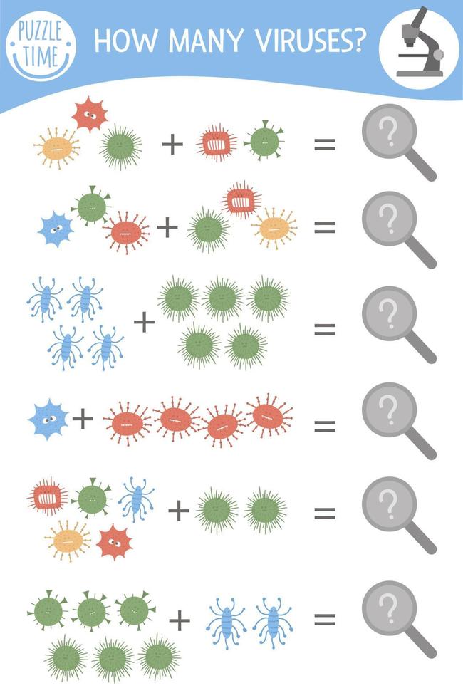 Math game with medical symbols. Medicine mathematic activity for preschool children. Printable counting worksheet. Educational addition riddle with cute funny elements. vector