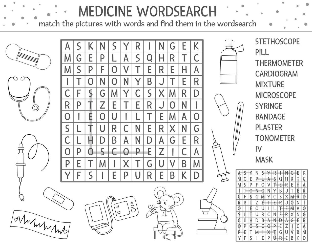 Vector health care outline wordsearch puzzle with pictures. Medicine quiz for children. Educational coloring page or crossword activity with cute medical equipment and doctor