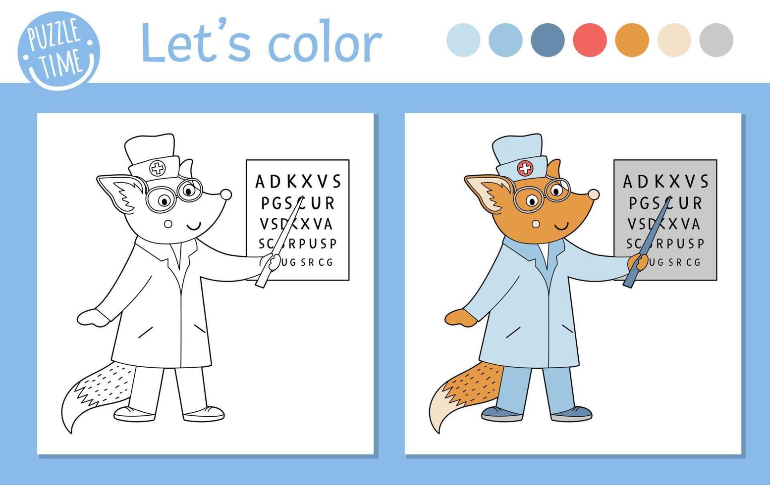 Medical coloring page for children. Vector outline animal doctor. Cute funny fox character. Hospital color book isolated on white background.