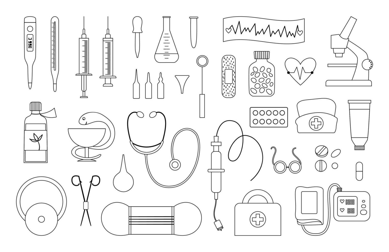 Set of vector flat medical line icons. Medicine or health insurance, research outline collection. Healthcare and laboratory equipment isolated on white background. Health check or treatment clip art