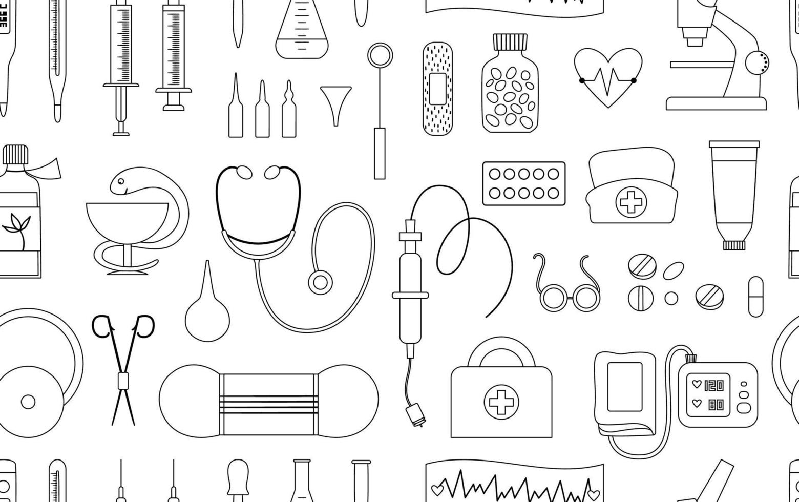 Vector seamless pattern with flat medical line icons. Medicine or health insurance, research outline background. Healthcare and laboratory equipment digital paper. Health check or treatment texture