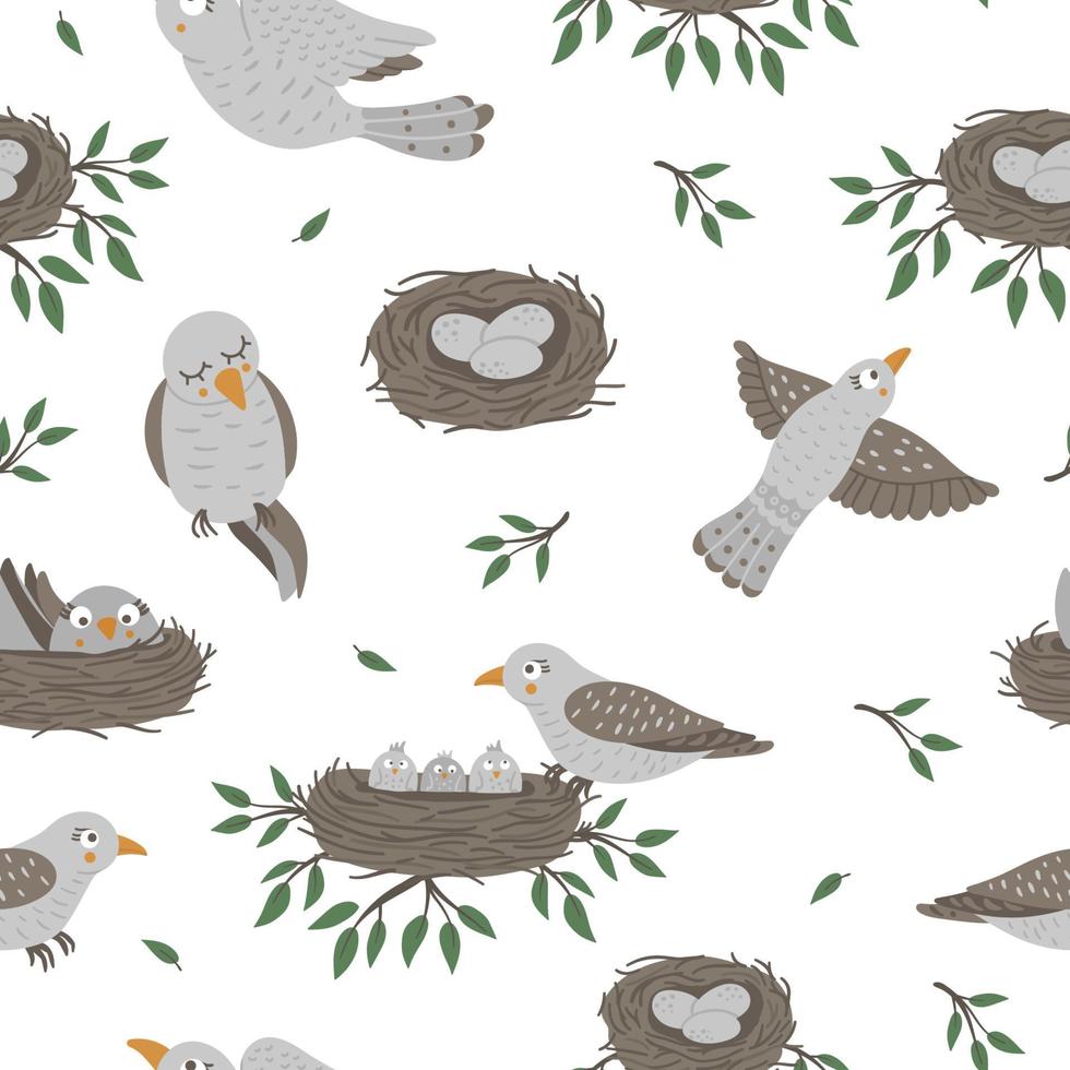 Vector seamless pattern with baby birds and their parents. Funny woodland animal background showing family love. Cute forest animalistic texture for Mothers Day design