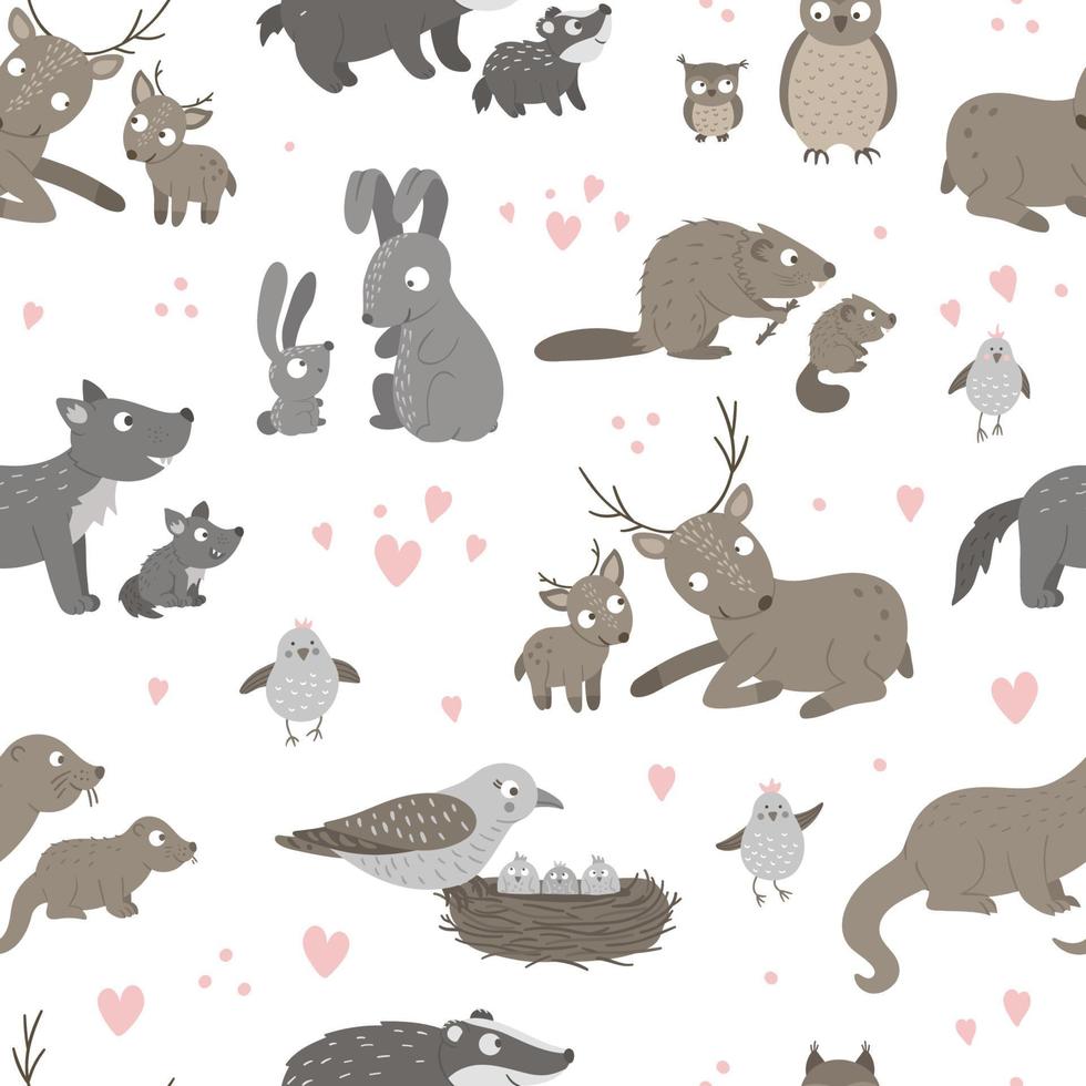 Vector seamless pattern with baby animals and their parents. Funny woodland animal background showing family love. Cute forest animalistic texture for Mothers Day design