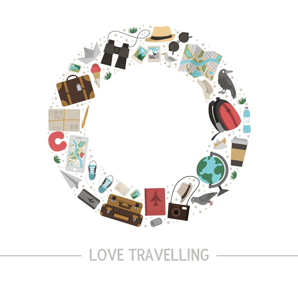 Vector round frame with travelling objects. Journey elements banner design framed in circle. Cute funny card template with travel or vacation elements.