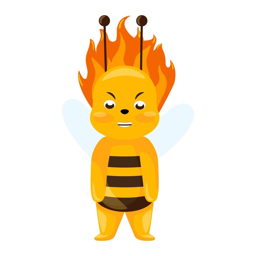 Angry bee isolated on white background. Cartoon character Blaze in fire. vector
