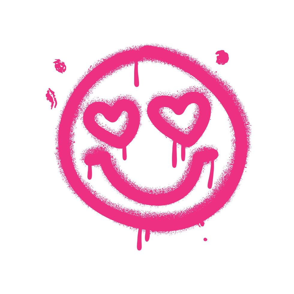 Girlish Graffiti emoticon. Pink smiling face painted by spray paint. Emoji with heart shaped eyes. Vector hand drawn grunge illustration
