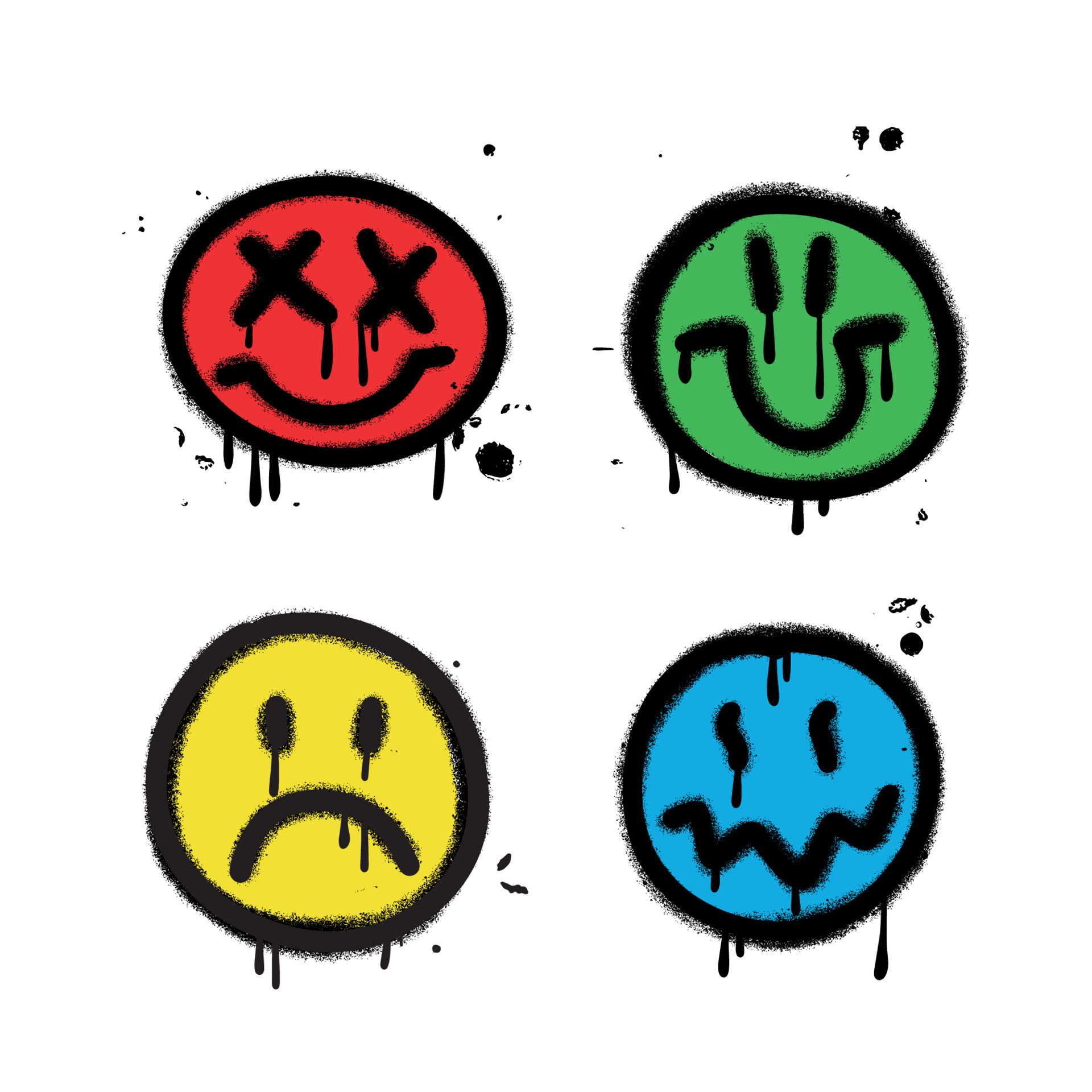 Set of four graffiti emoticons with different emotions. Smiling faces