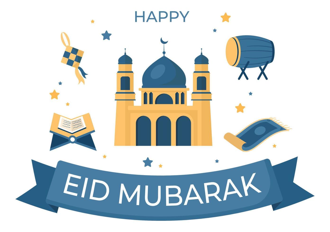 ilustración de fondo de dibujos animados feliz eid ul-fitr mubarak con imágenes de mezquitas, ketupat, bedug y otros adecuados para carteles vector