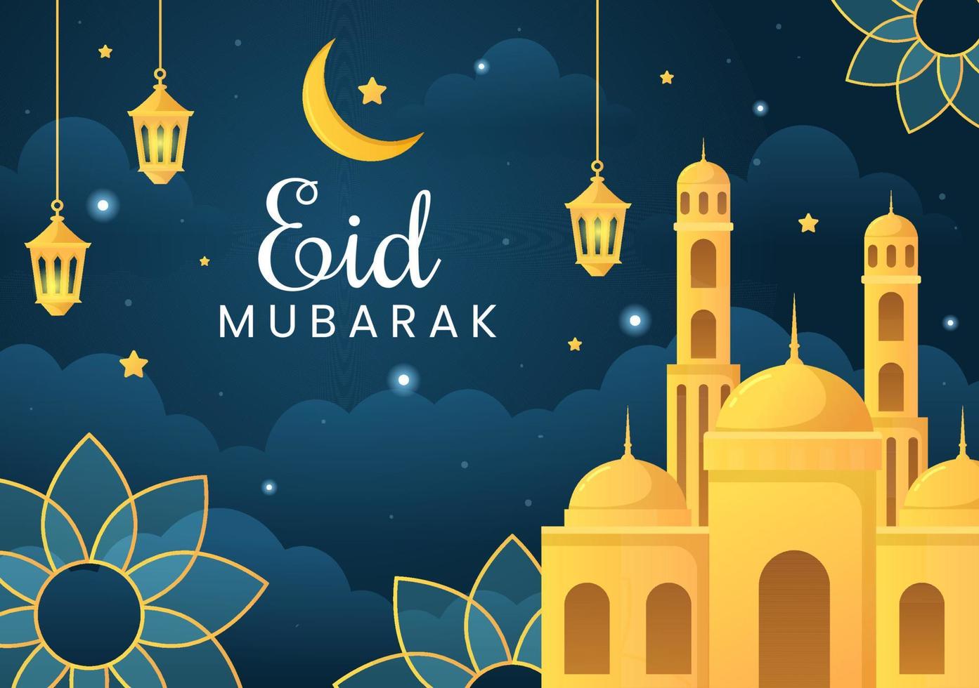 ilustración de fondo feliz eid ul-fitr mubarak con imágenes de mezquitas, luna, antenas y otros adecuados para carteles vector