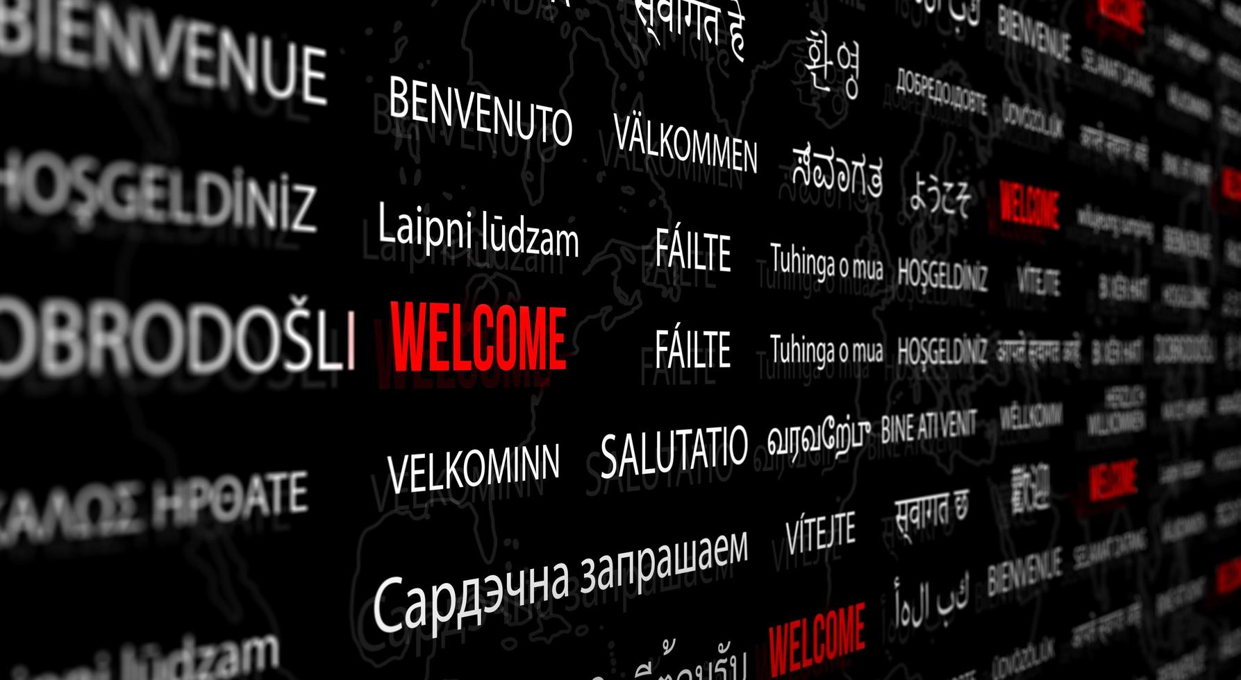 Welcome in different language with world map background. photo