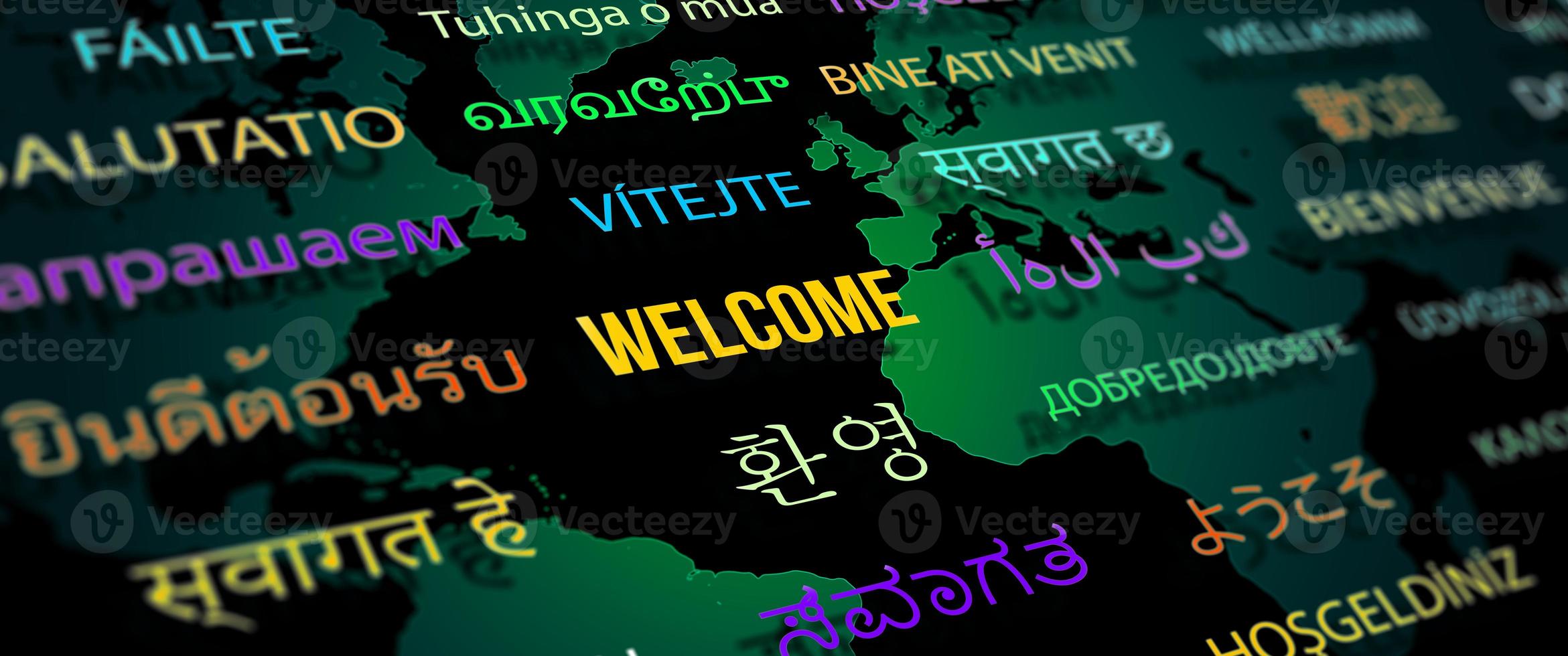 Welcome in different language with world map background. photo