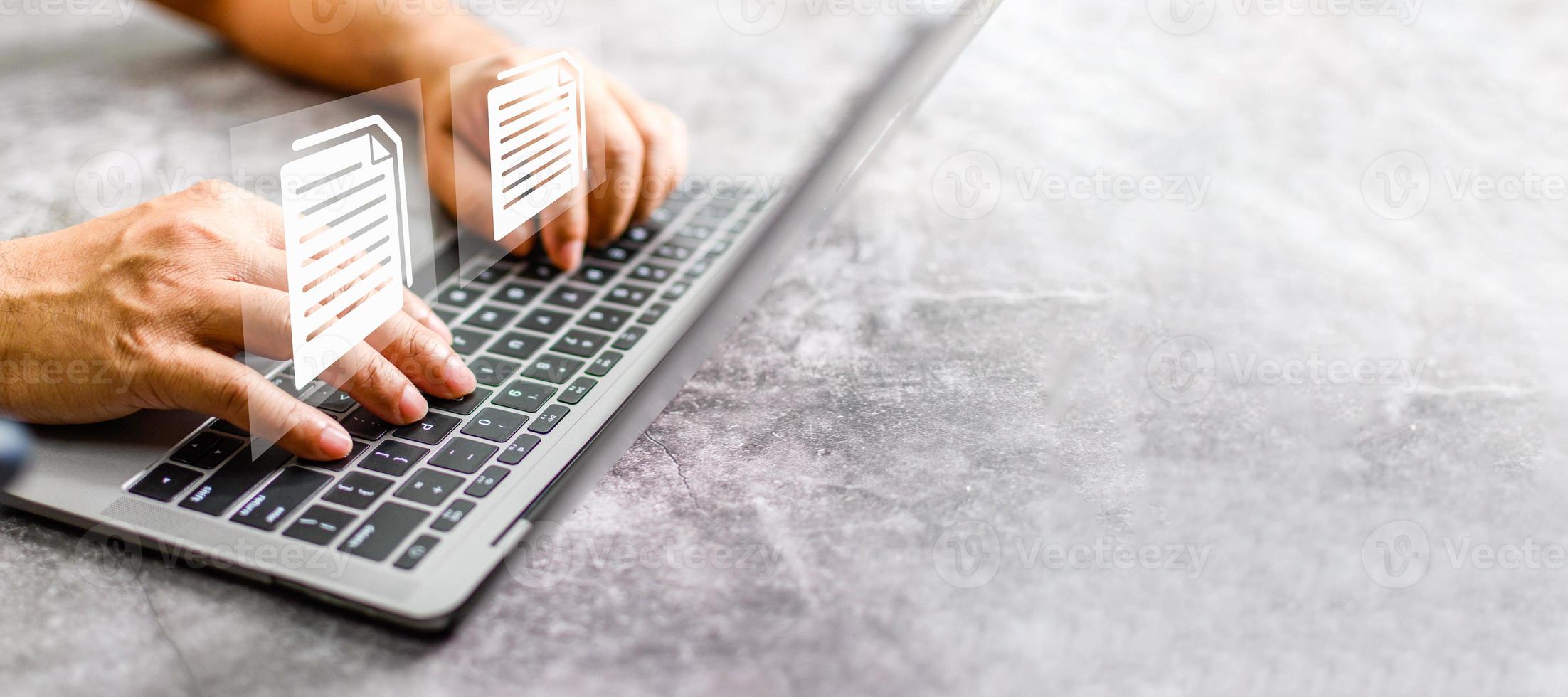 Businessman working from home using laptop with virtual screen. Process data and manage files on Internet efficiently. Online document database system and electronic document management system concept photo