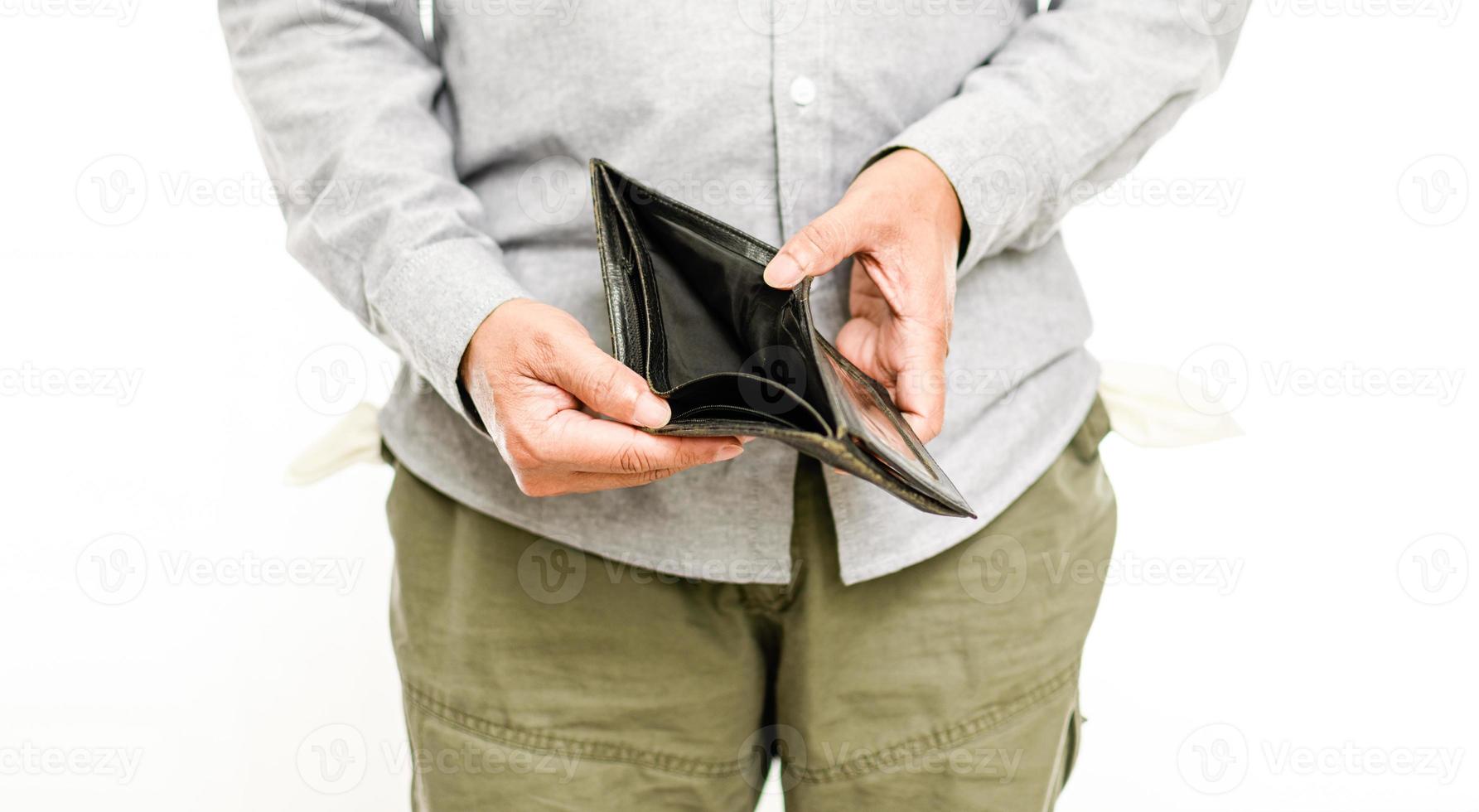 Asian men show no money in their wallets. the concept for recession, bankrupt, bankruptcy, sad, crisis, stress, unhappy. Copy space on left and right for design or text, closeup, white blur background photo