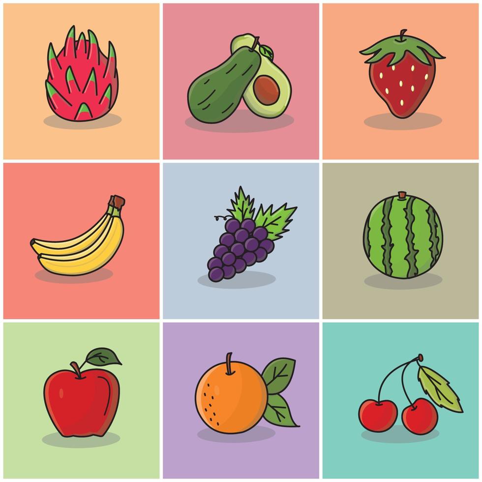 Set of Fruits Vector Illustration. Dragon Fruit. Avocado. Strawberry, Banana, Grape, Watermelon, Orange, Apple, Lychee