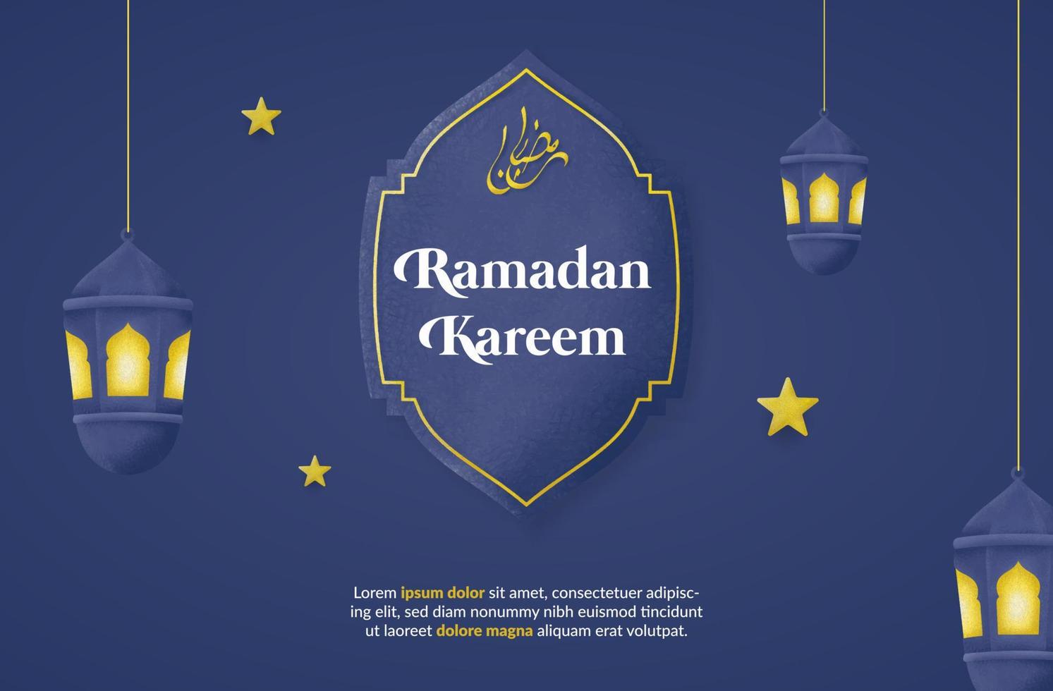 Ramadan Kareem greeting card template with lanterns and stars isolated on dark blue background vector