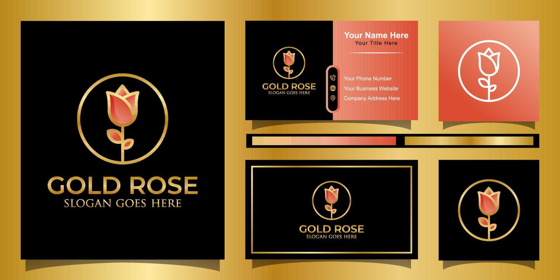 elegant golden rose with line art style logo, feminine beauty decorative design with business card vector