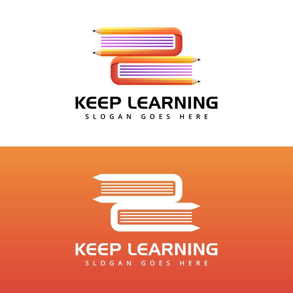 seguir aprendiendo, libro con concepto de logotipo de lápiz, diseño de logotipo de educación vector