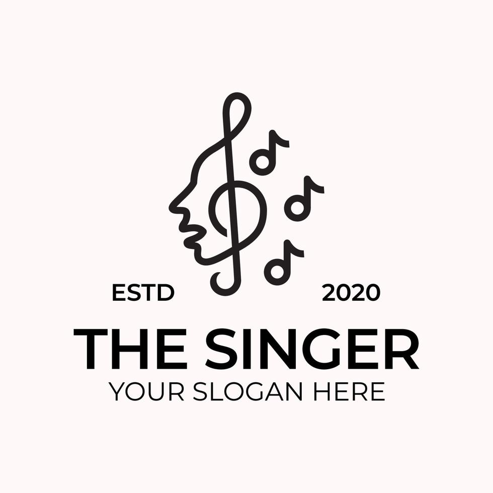 cantante vocal karaoke coro con notas musicales clave de sol cantando cara de mujer diseño de logotipo de estilo lineal vector
