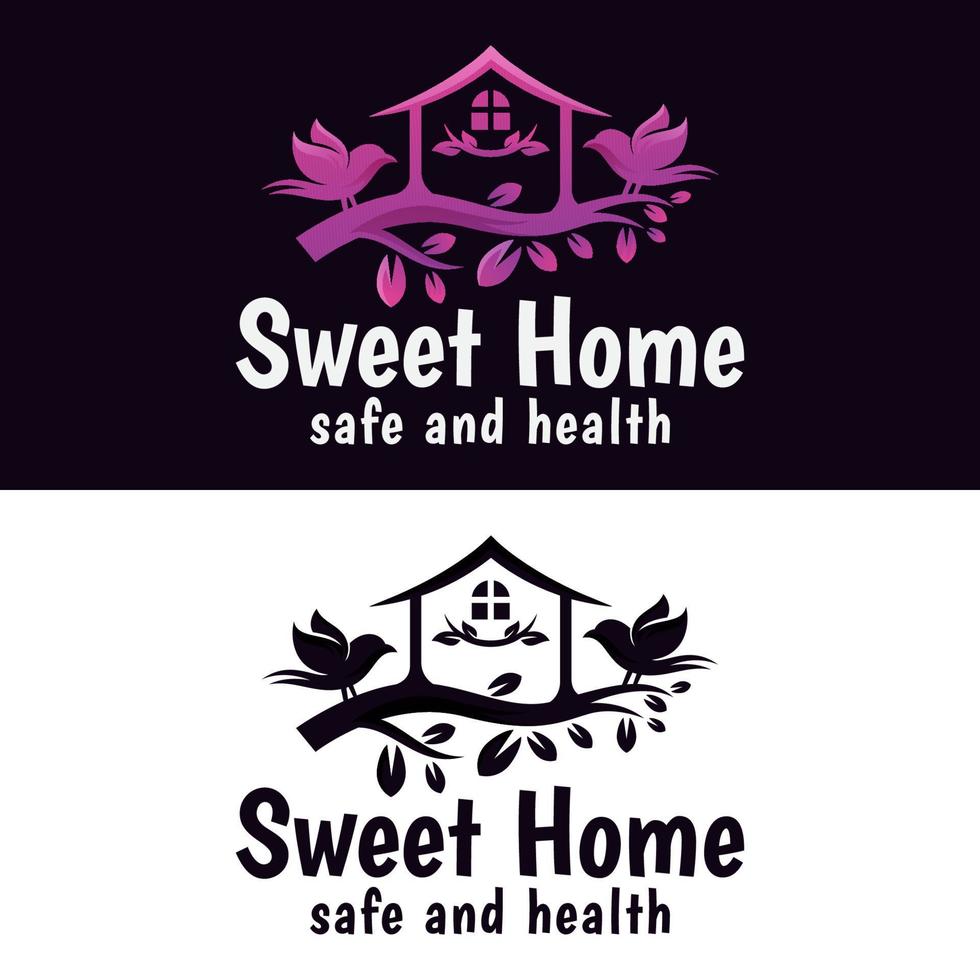 Sweet home with bird logo, tree house natural logo design vector template