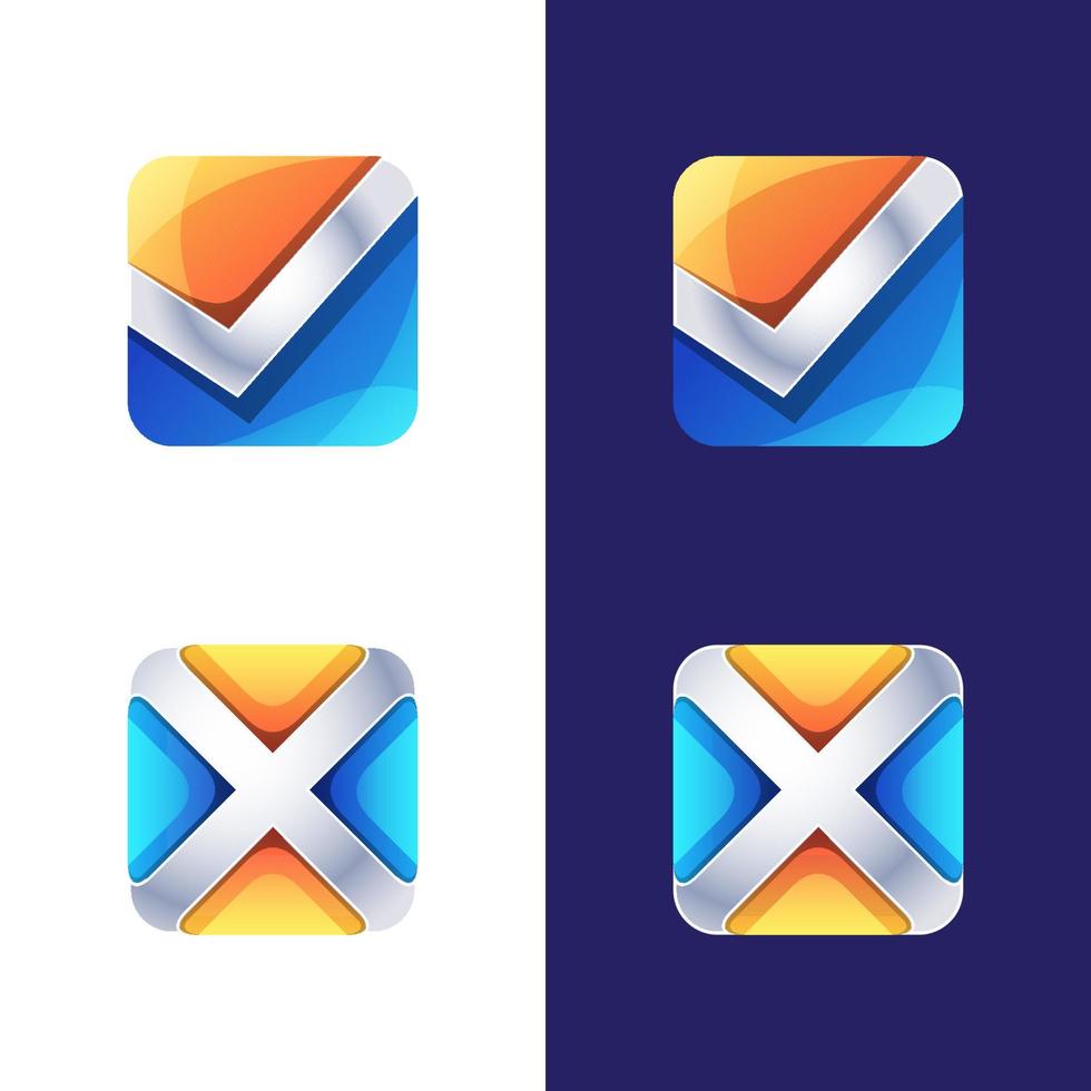 símbolo colorido, icono, logotipo correcto e incorrecto, plantilla de vector de logotipo de letra inicial x y v