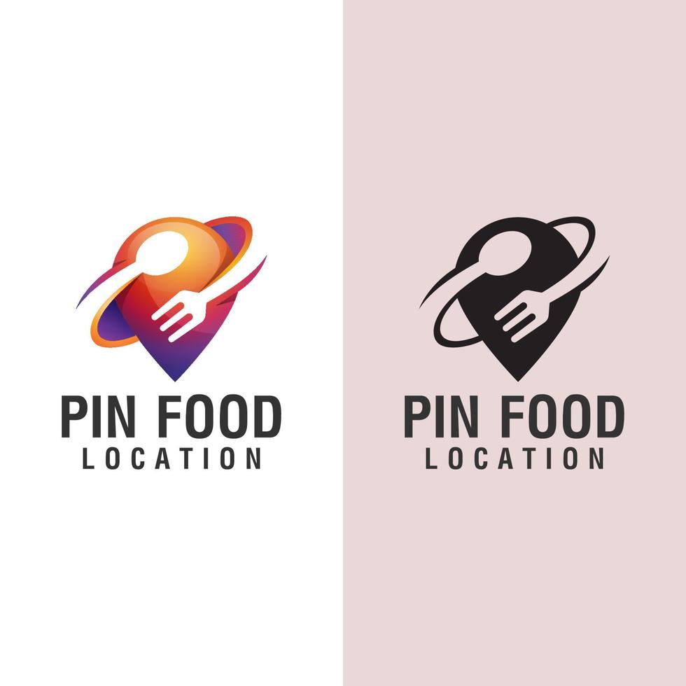 diseño del logotipo de la ubicación de la comida, con el concepto de un tenedor y una cuchara de viento de alfiler vector