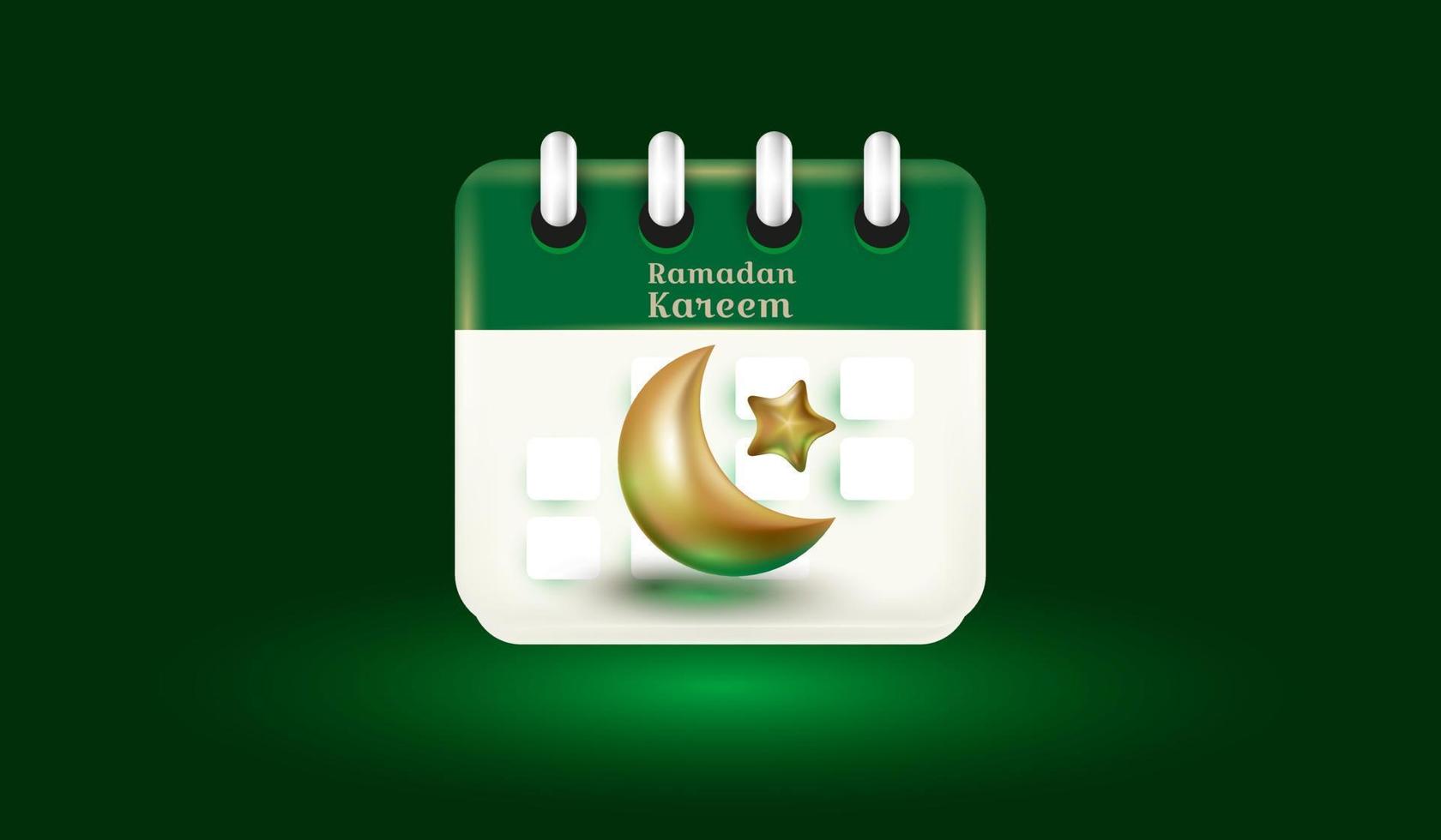 icono del calendario de Ramadán. luna creciente dorada y estrella con el concepto de diseño de calendario del estilo de ilustración de vector 3d de fondo de ramadán kareem islámico.