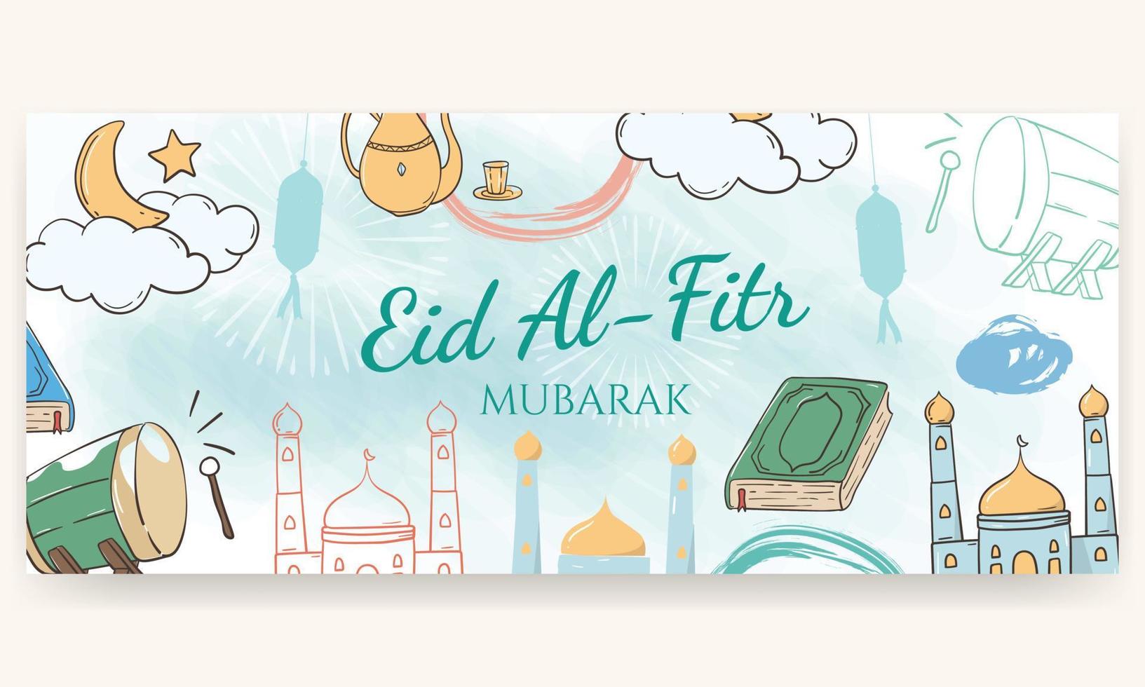 eid al fitr mubarak, pintado a mano en colores pastel. estilo doodle. cartel horizontal, tarjeta de felicitación, encabezado para sitio web vector