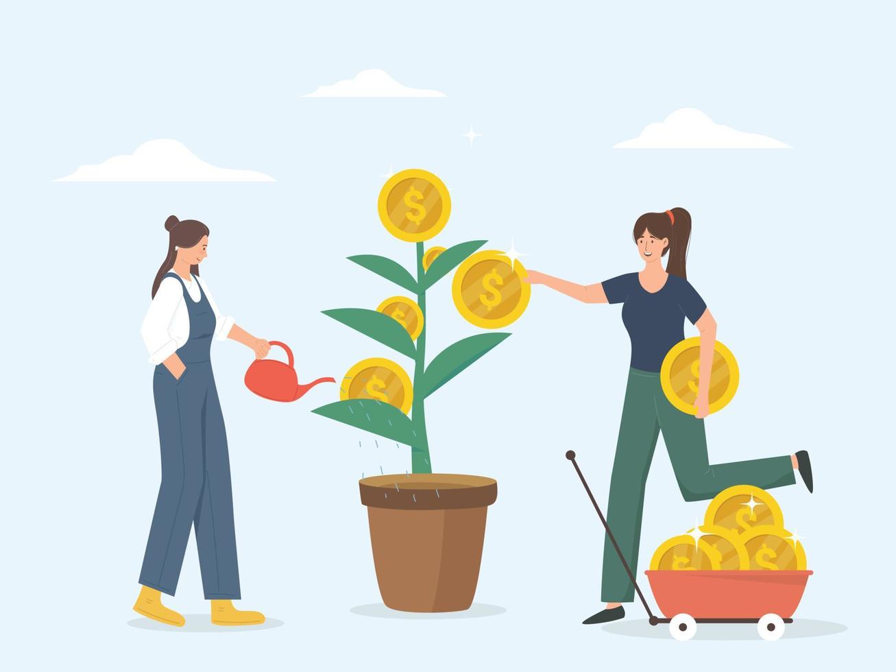 Investor and businesswoman caring money tree vector