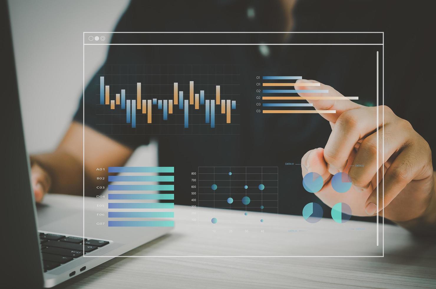 man hand using laptop to working technology.Hand toucing virtual screen graph and chart data analysis and big data business concept. photo