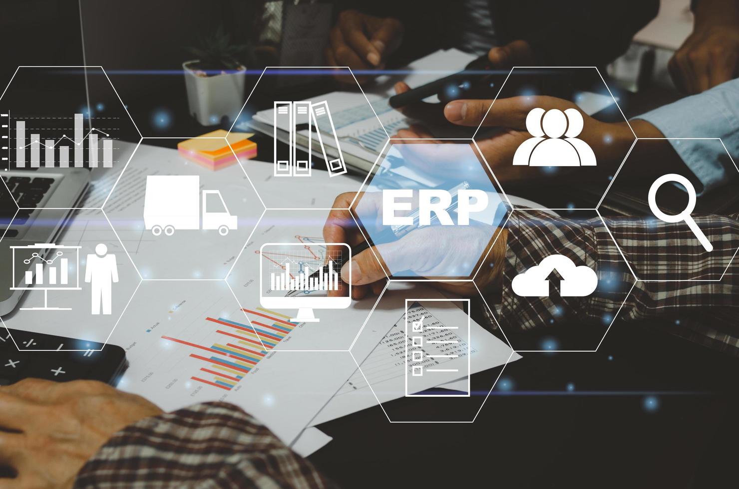 Enterprise Resource Planning ERP Software system for business resource plans. business people and financial and digital technology concept  icons on virtual screen. photo