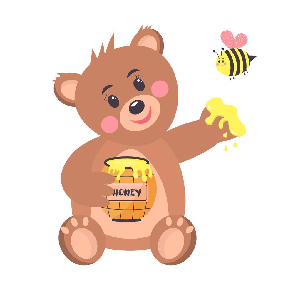 Cartoon funny baby bear holding honey pot and cute round bee is flying around him. vector