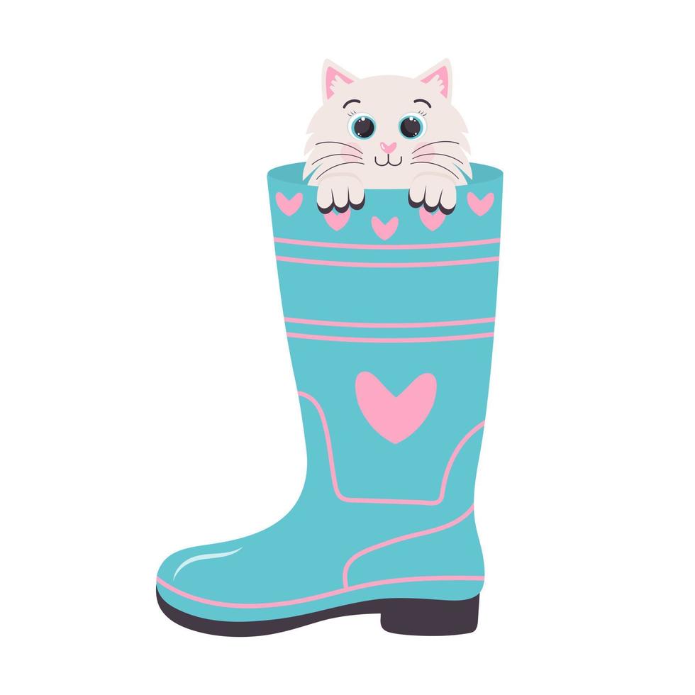 Rubber boot with a cute cat sitting inside the boot. Gardening and spring concept. vector