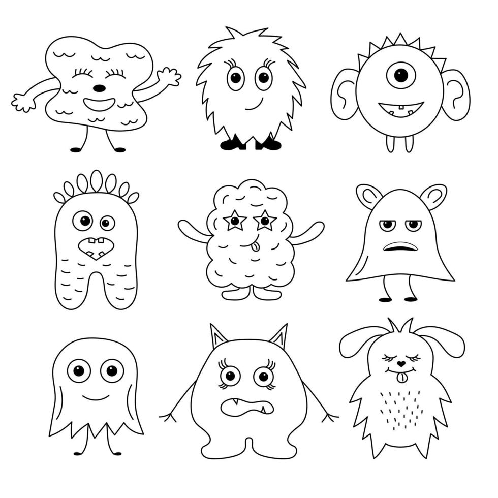 pequeño y lindo juego de monstruos garabatos. diferentes emociones faciales. vector