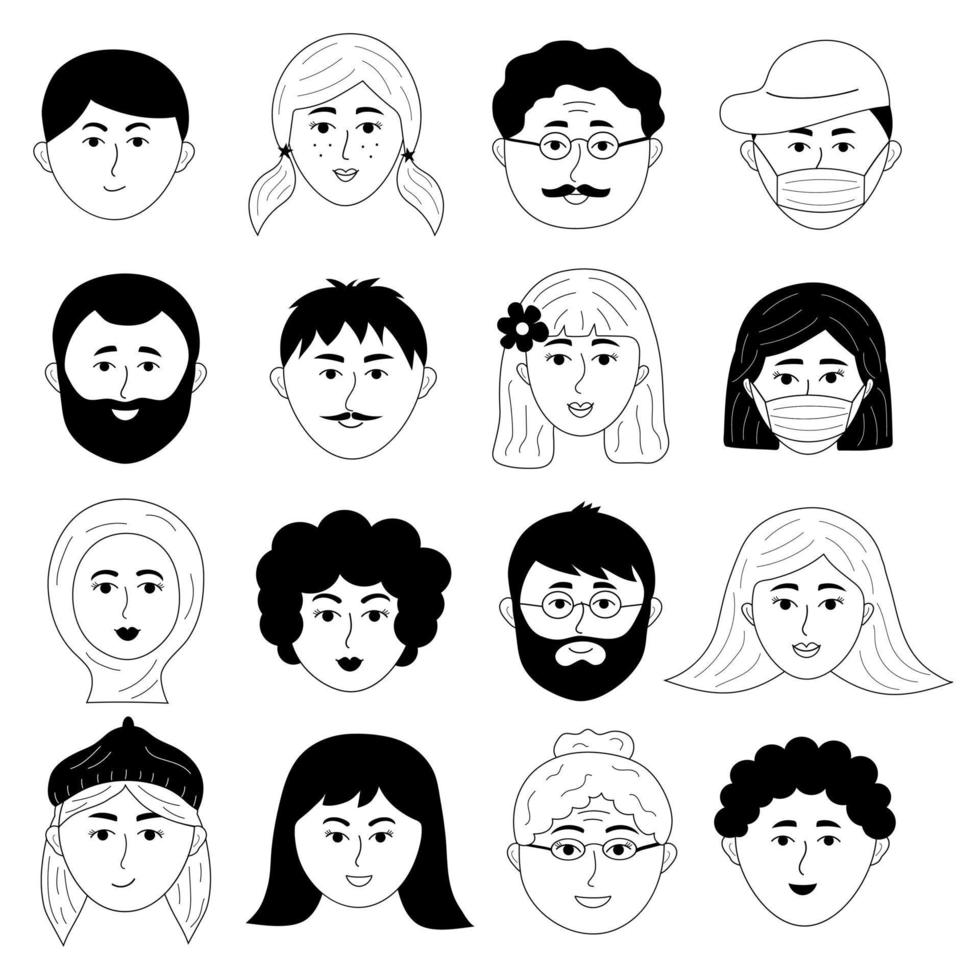 Hand drawn human faces doodle set. People avatars of different sex, nationality, age for social networks, website. Portrait with positive facial expression. vector