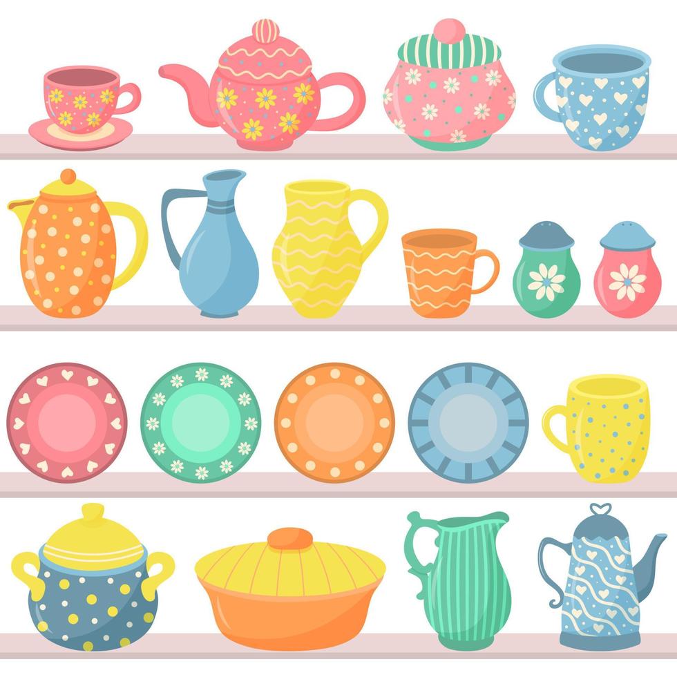 juego de utensilios de cocina de cerámica en los estantes. hermosas cerámicas decorativas hechas a mano. utensilios de cocina y vajilla. vector