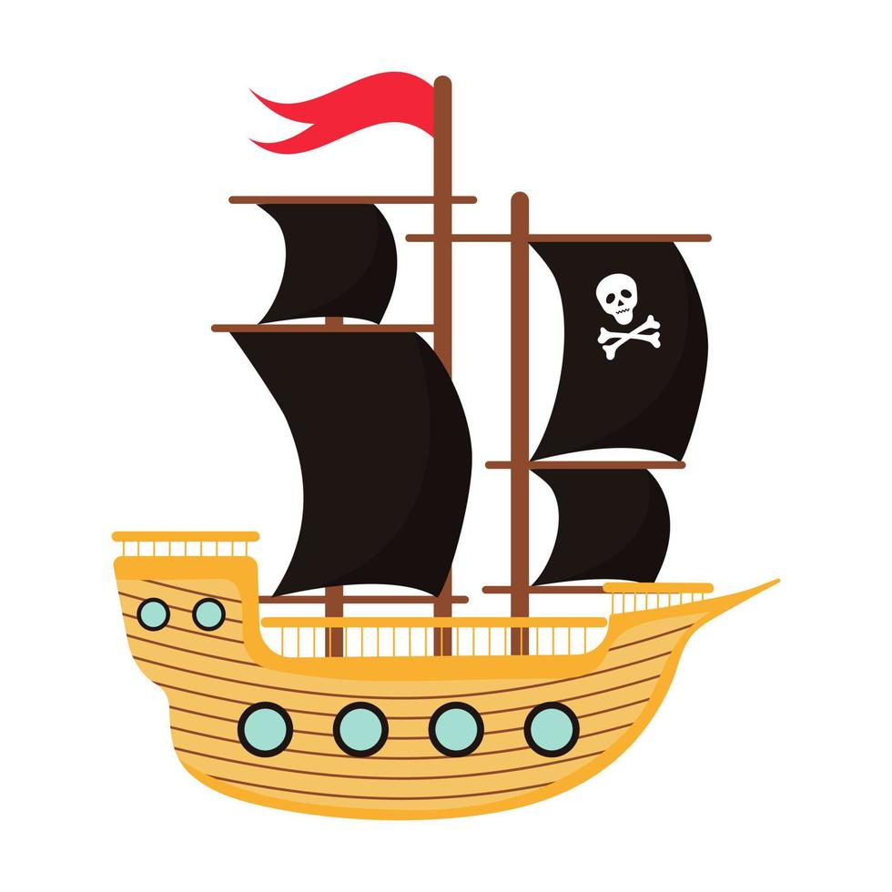 Pirate ship with black sails, scull and crossed bones and red flag. Cartoon Wooden buccaneer boat. vector