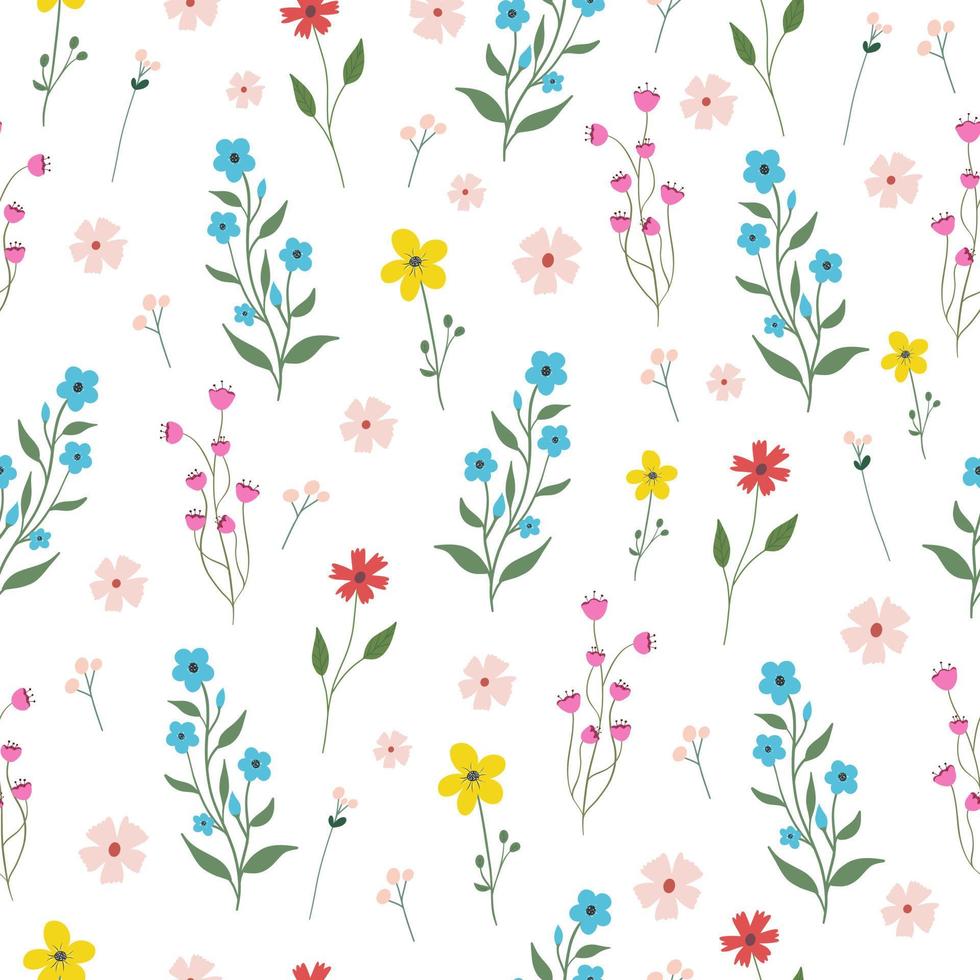 Seamless flower pattern. Bright floral background with blossoms and blooms print. Colored flat vector illustration for textile. Repeating texture design